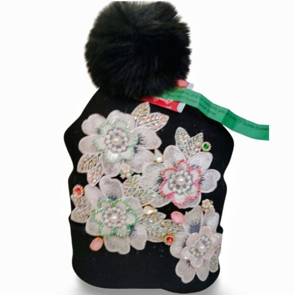 Luxe Black Knit Floral Embroidered Pink Crystal Beanie & Glove Set TT1524 - Picture 3 of 6